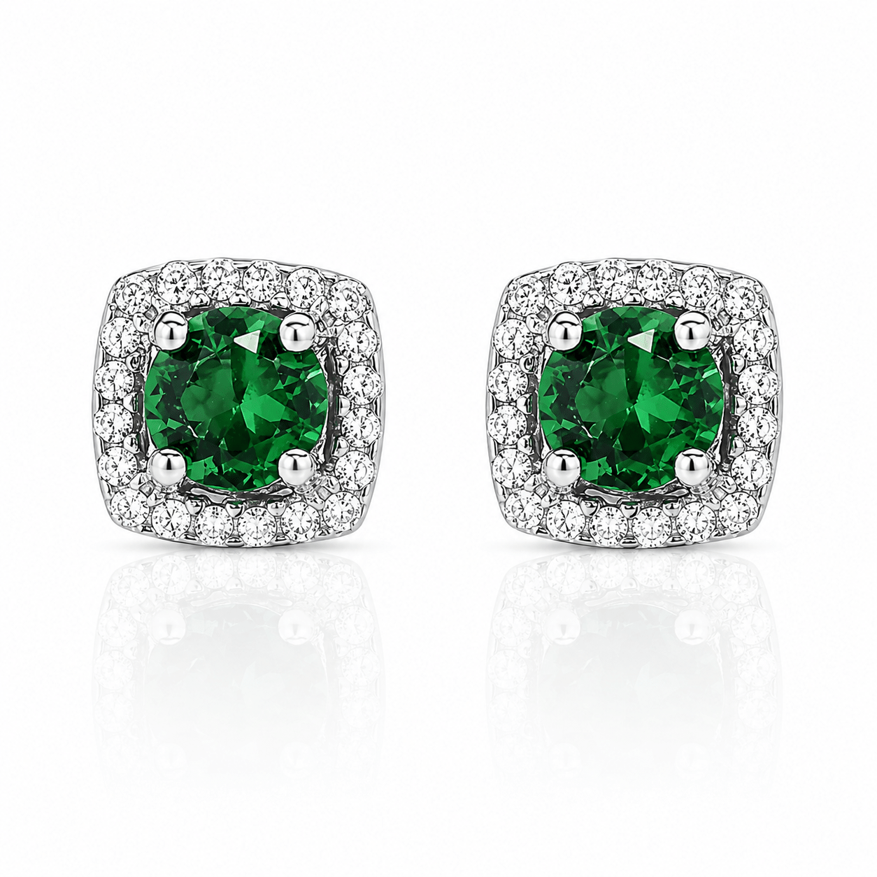 Cushion Stud Earrings with Green Center and Halo AAA Cubic Zirconia - NAFALUXE