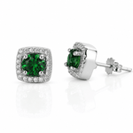 Cushion Stud Earrings with Green Center and Halo AAA Cubic Zirconia - NAFALUXE