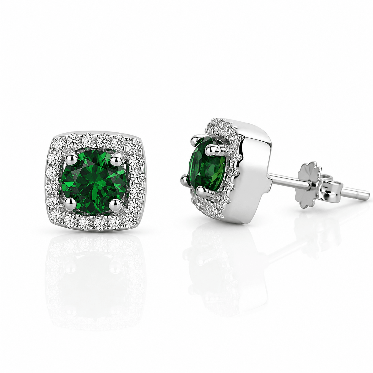 Boucles d'oreilles clous « coussin » avec centre vert et halo en zircone cubique AAA - NAFALUXE