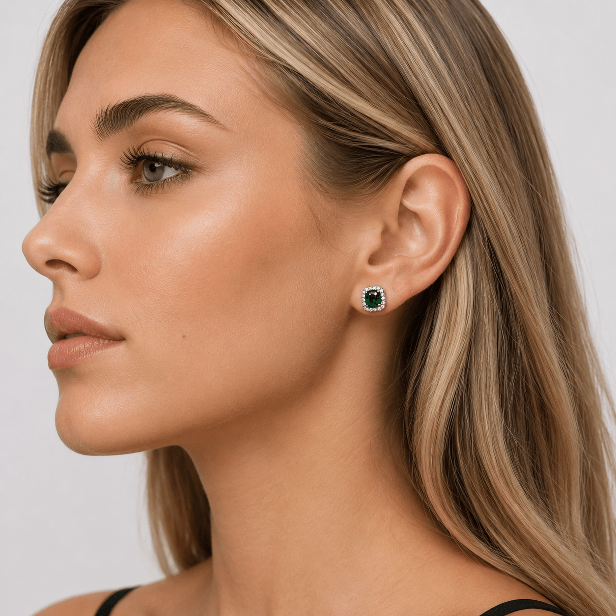 Cushion Stud Earrings with Green Center and Halo AAA Cubic Zirconia - NAFALUXE
