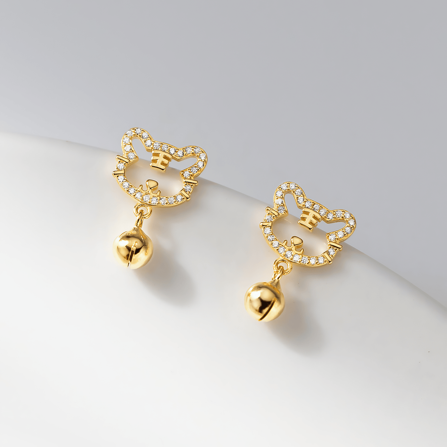 Cute Cat Bell Stud Earrings – 925 Sterling Silver CZ Kitty Earrings - NAFALUXE