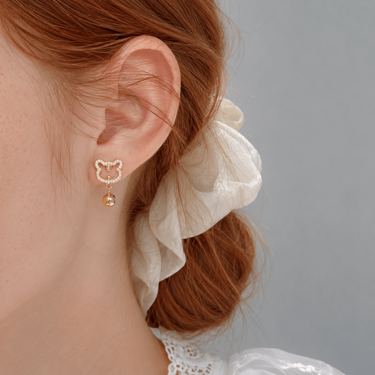 Cute Cat Bell Stud Earrings – 925 Sterling Silver CZ Kitty Earrings - NAFALUXE