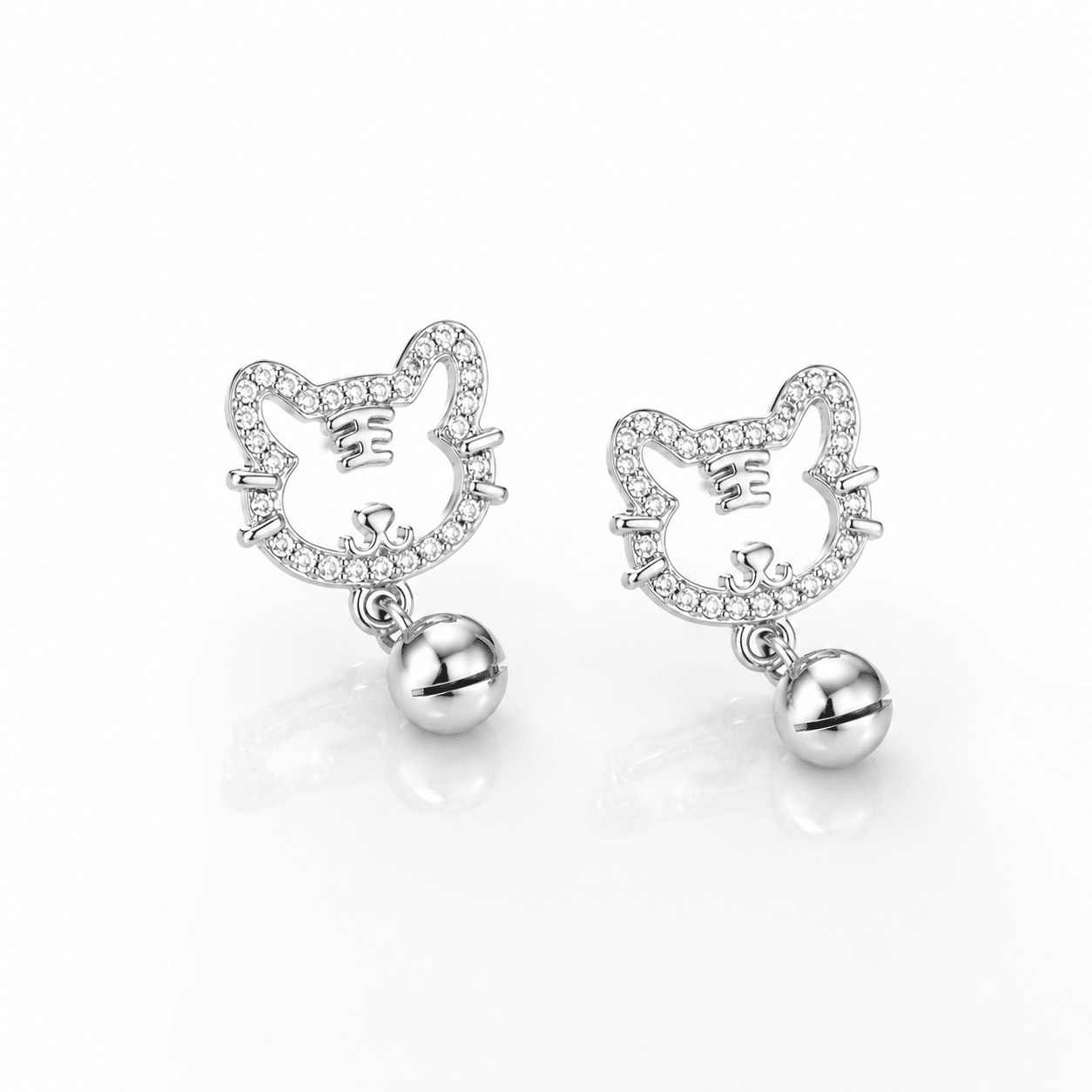 Cute Cat Bell Stud Earrings – 925 Sterling Silver CZ Kitty Earrings - NAFALUXE