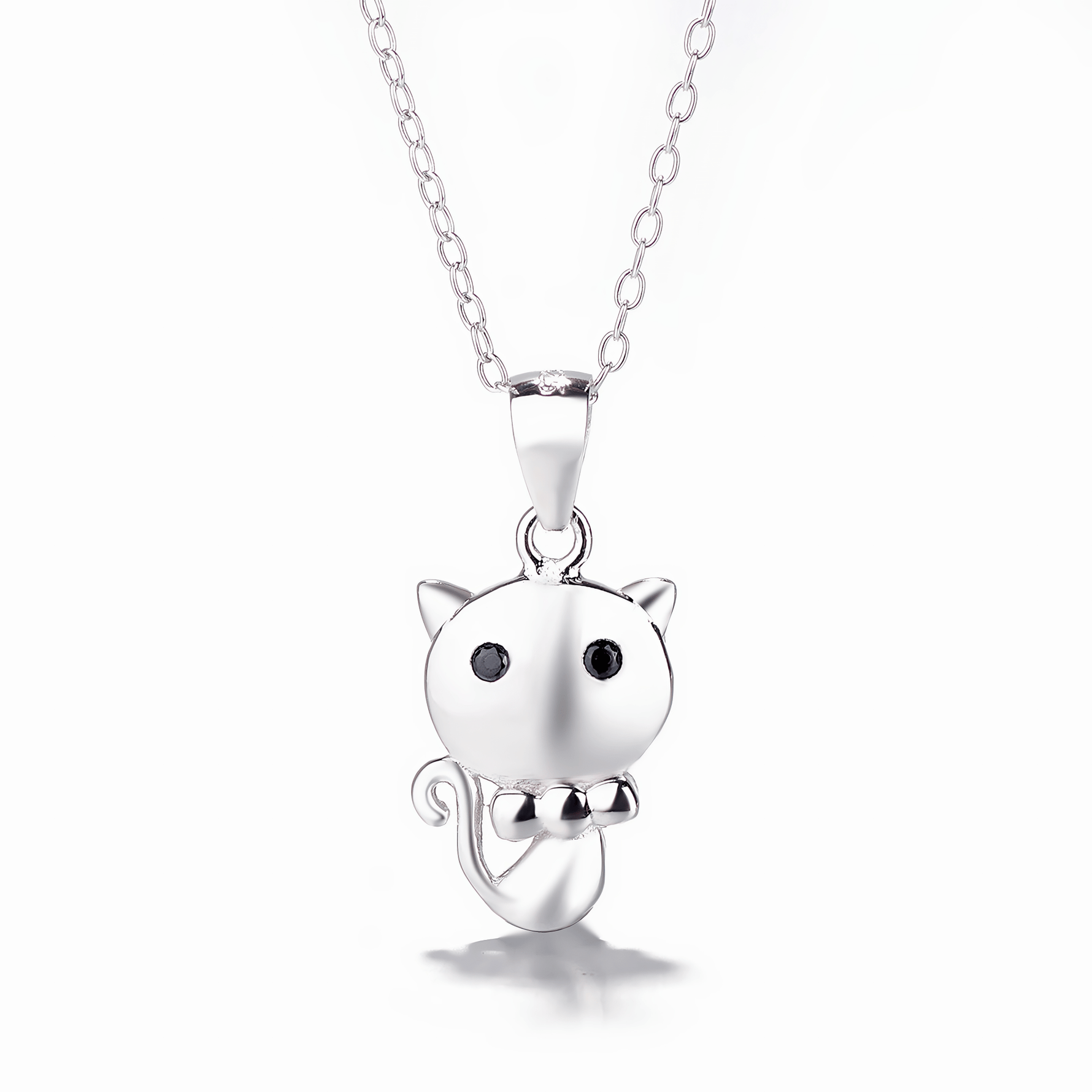 Cute Cat Jewelry Set in 925 Sterling Silver – Necklace and Stud Earrings with Black Zircon Eyes - NAFALUXE