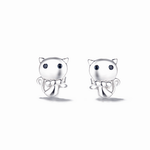Cute Cat Jewelry Set in 925 Sterling Silver – Necklace and Stud Earrings with Black Zircon Eyes - NAFALUXE