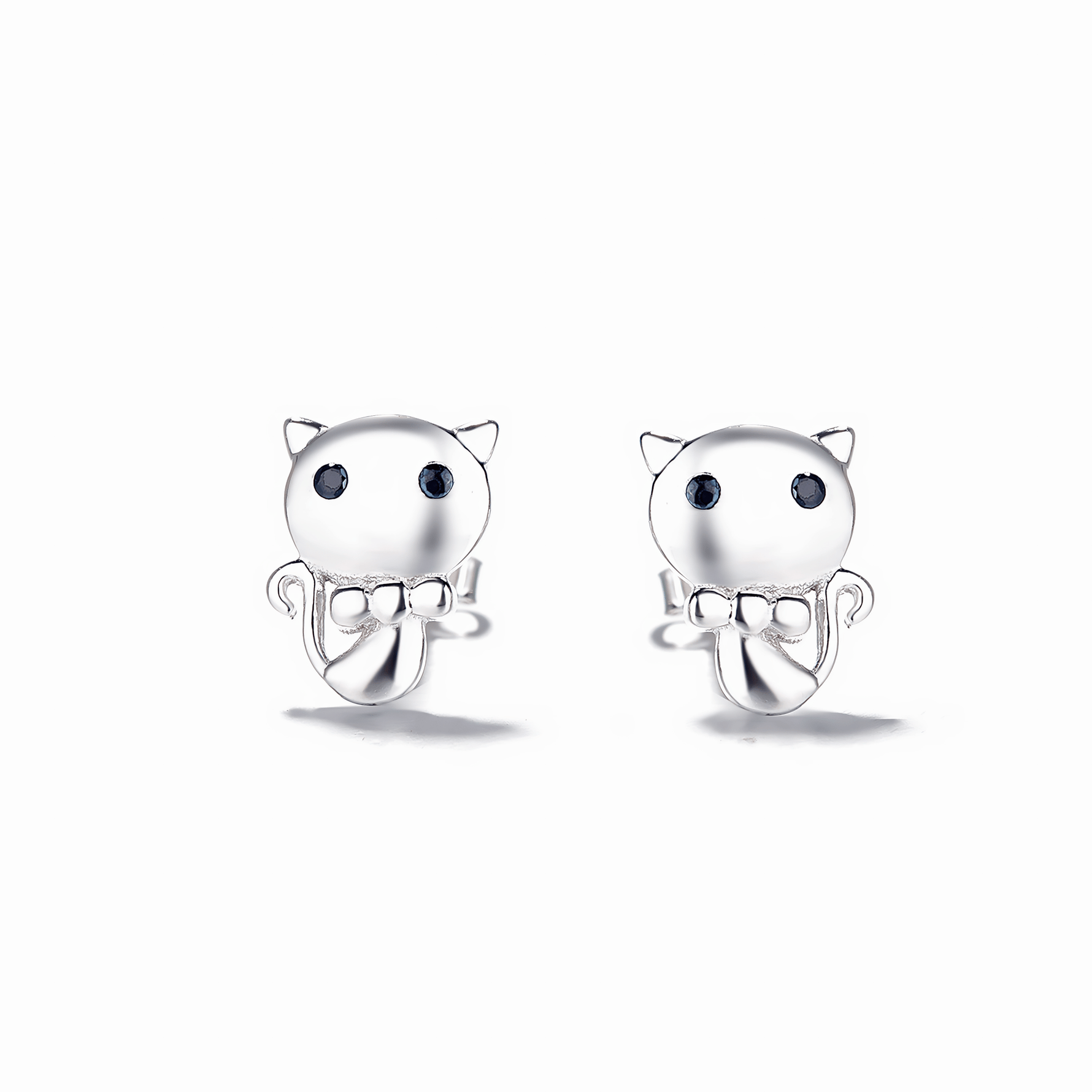 Cute Cat Jewelry Set in 925 Sterling Silver – Necklace and Stud Earrings with Black Zircon Eyes - NAFALUXE