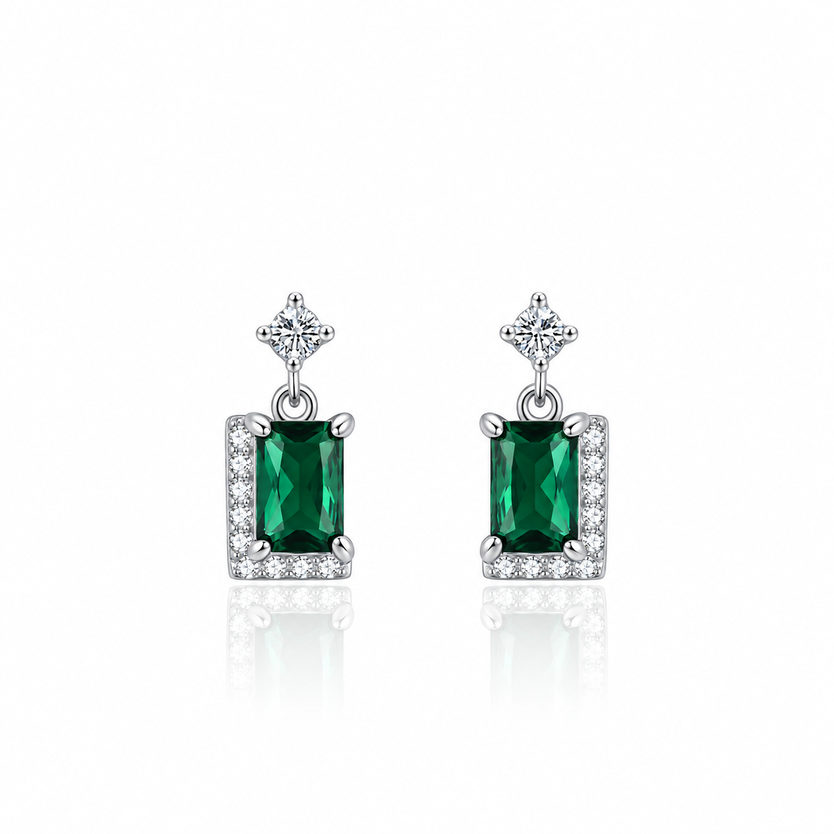 Emerald Green Drop Earrings in 925 Sterling Silver with Zirconia Accents