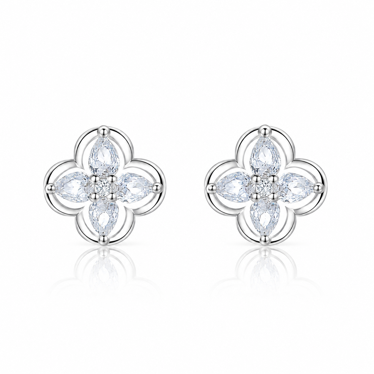 Floral Stud Earrings with Marquise-Cut AAA Cubic Zirconia