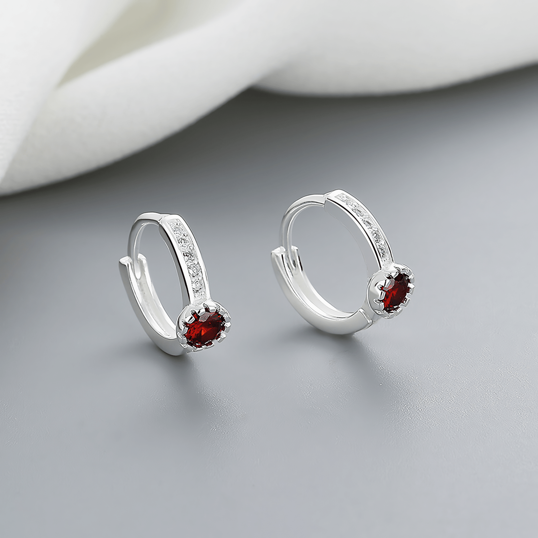 Dainty 925 Silver Hoops with Red CZ and Sparkling Accents - NAFALUXE