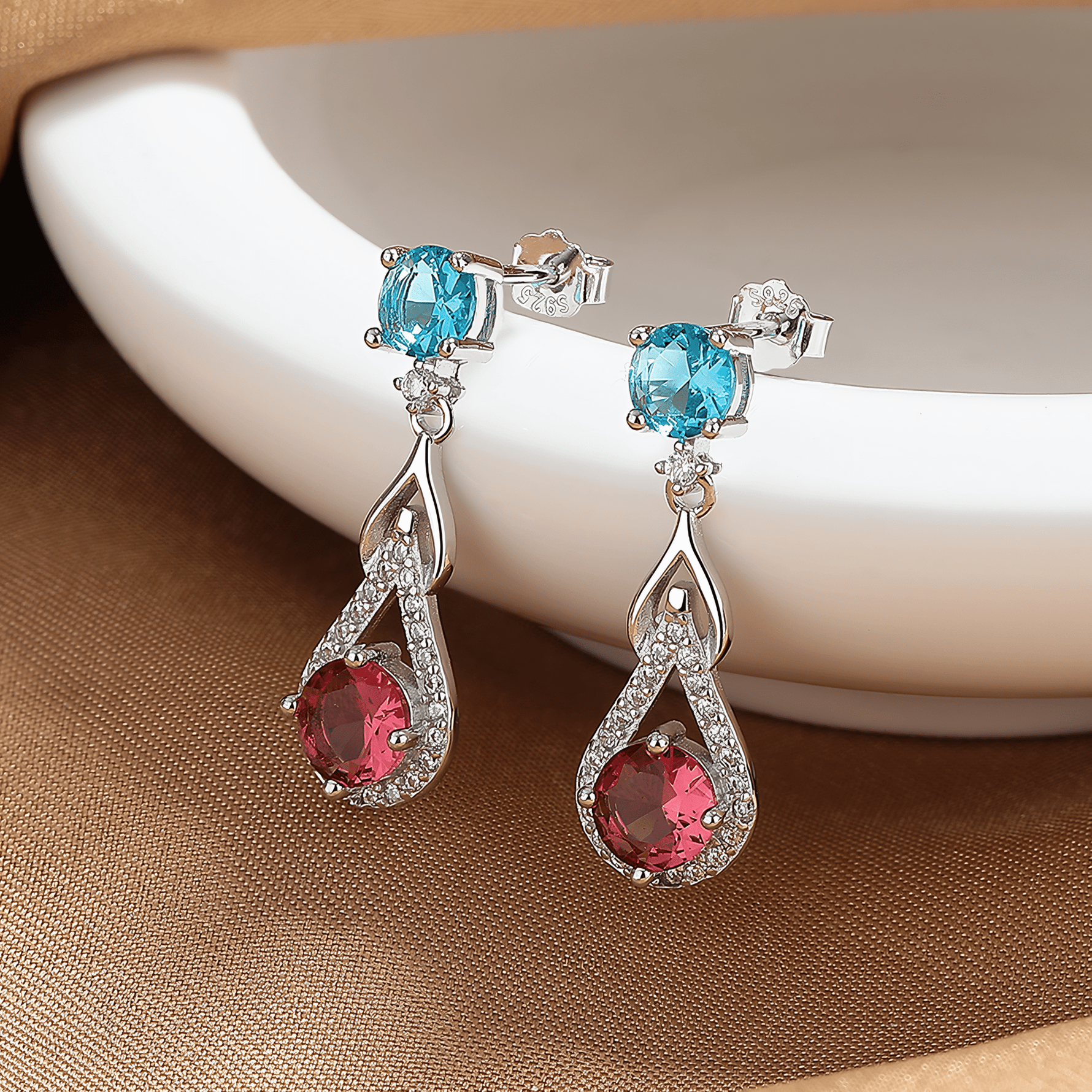 Dual Tone Drop Earrings – 925 Sterling Silver with Blue & Pink CZ Crystals - NAFALUXE