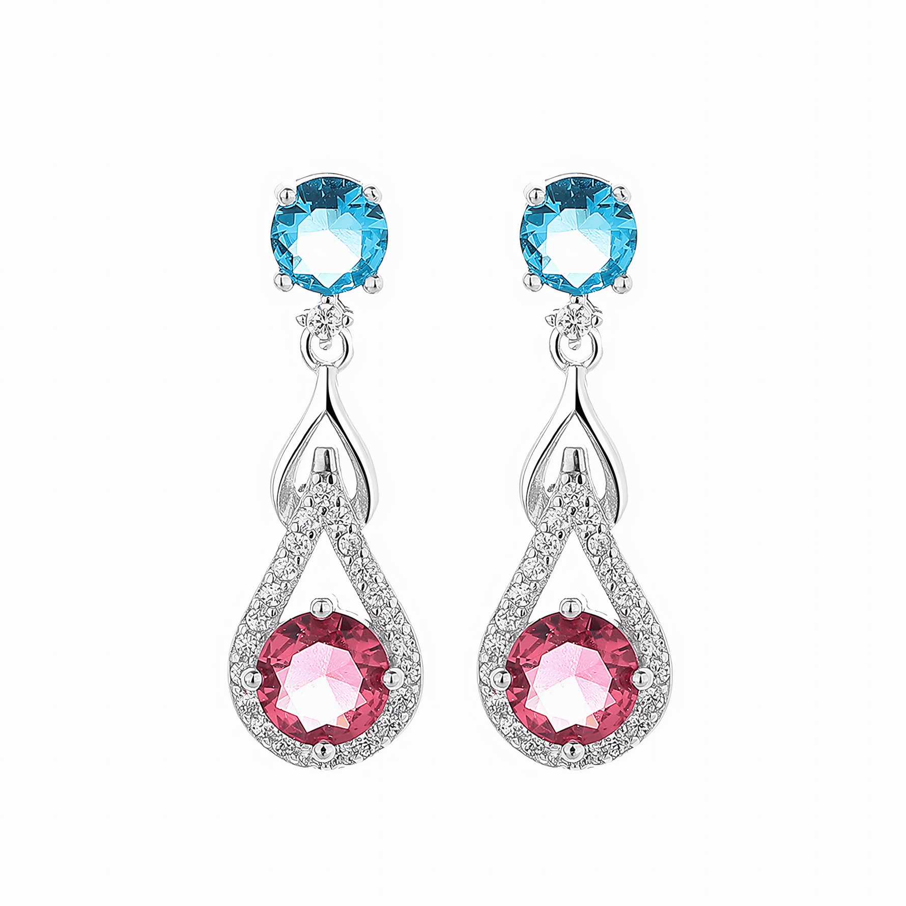 Dual Tone Drop Earrings – 925 Sterling Silver with Blue & Pink CZ Crystals - NAFALUXE