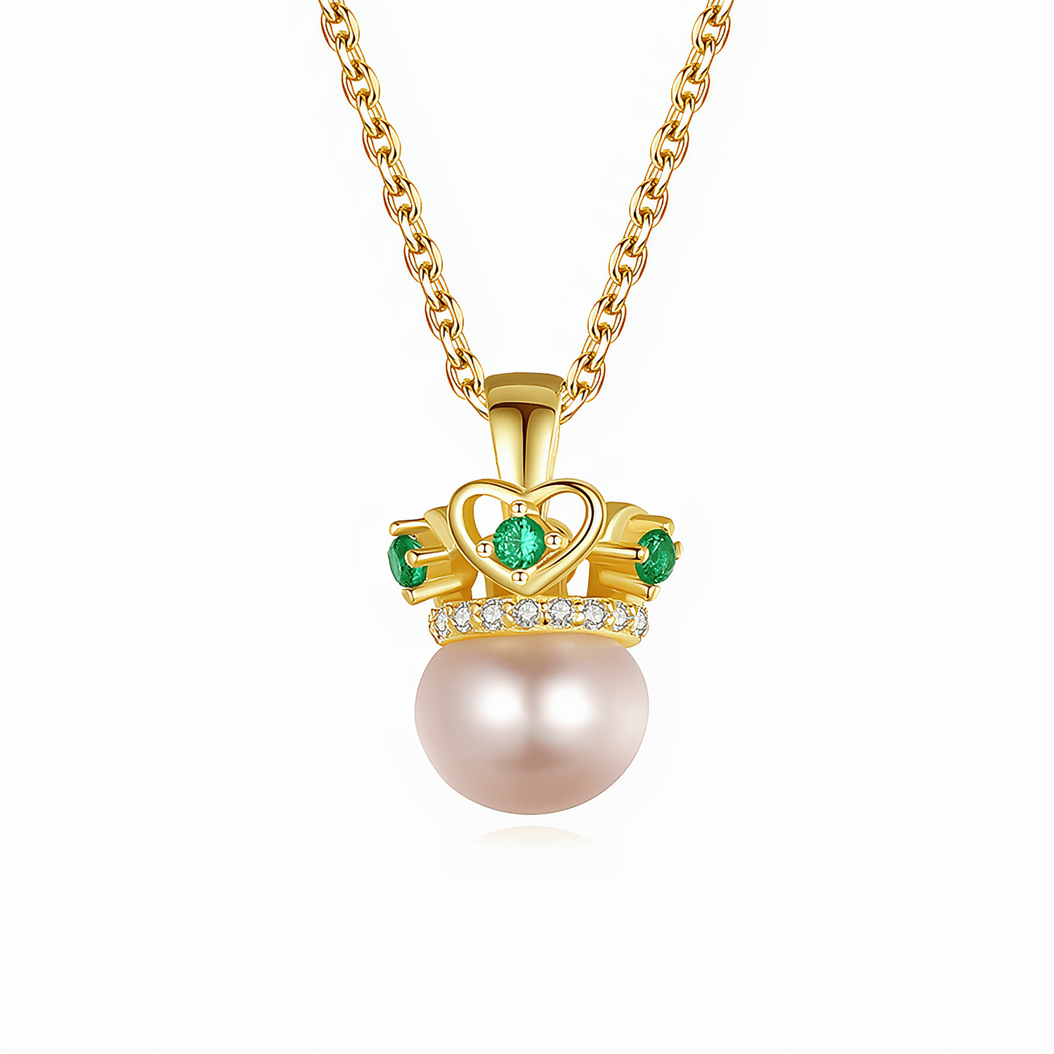 Elegant Crown Pearl Pendant Necklace with Green CZ Accents - NAFALUXE