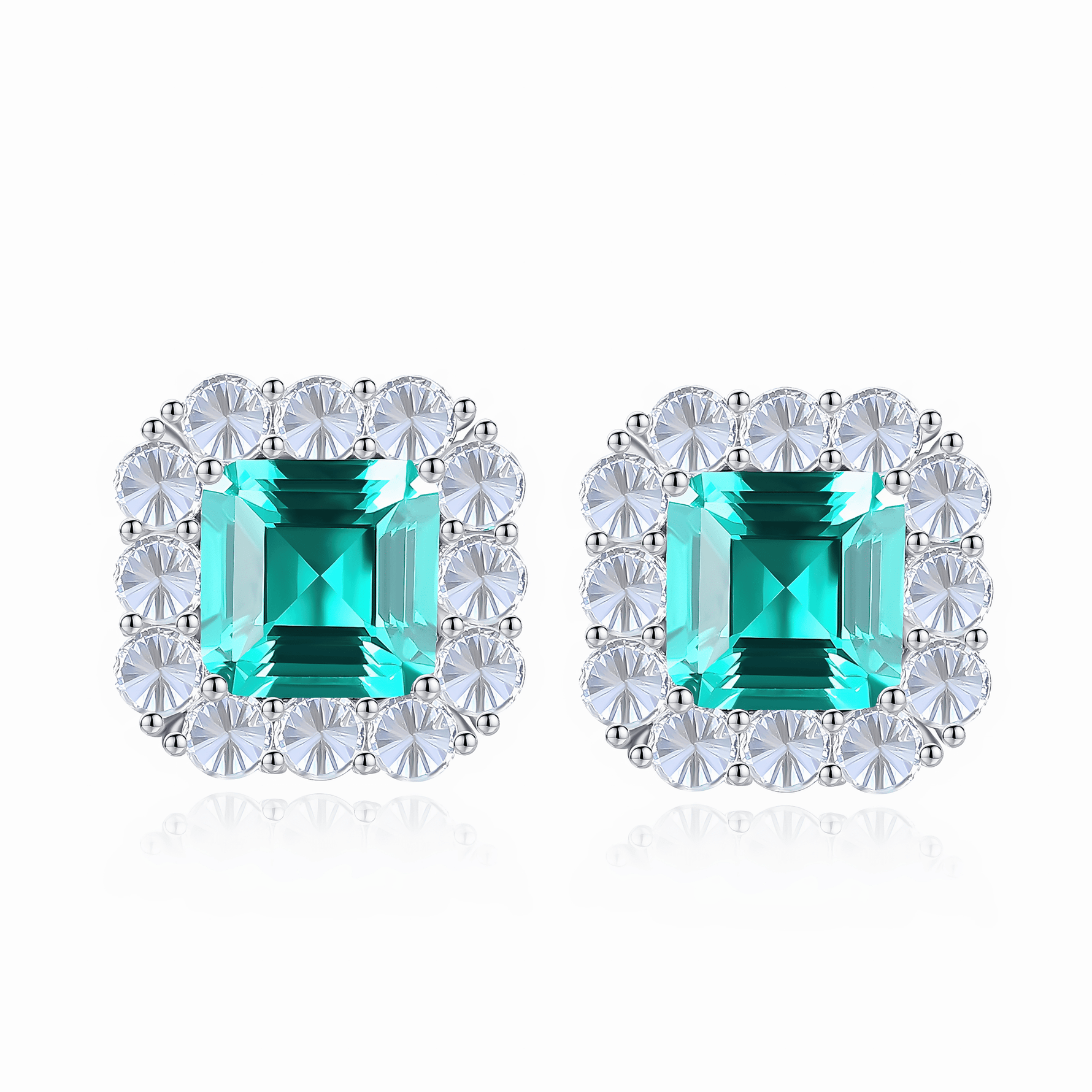 Elegant Emerald - Cut Aqua Blue CZ Halo Stud Earrings in Sterling Silver - NAFALUXE