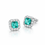 Elegant Emerald-Cut Aqua Blue CZ Halo Stud Earrings in Sterling Silver - NAFALUXE