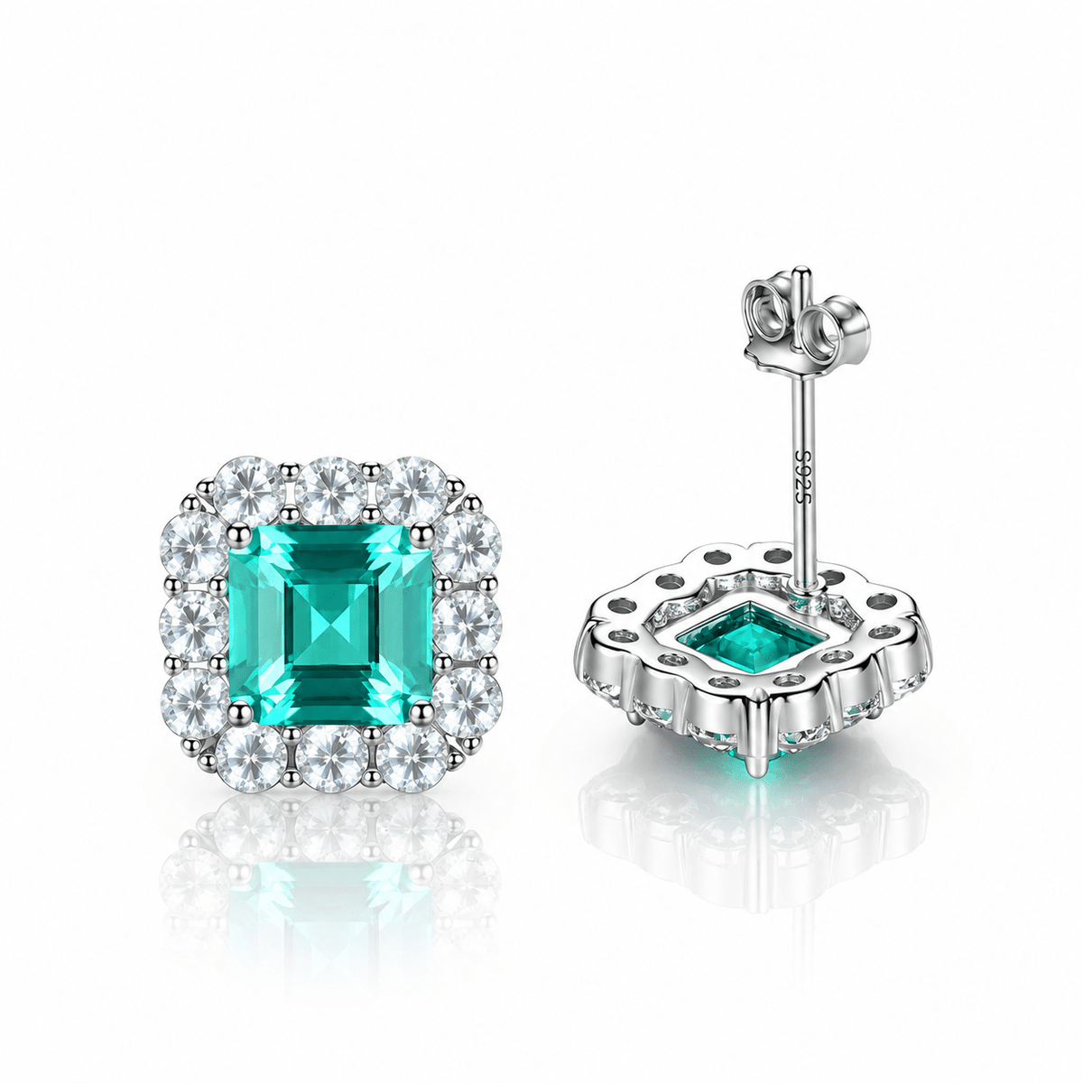 Elegant Emerald-Cut Aqua Blue CZ Halo Stud Earrings in Sterling Silver - NAFALUXE
