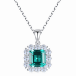 Elegant Emerald - Cut Green CZ Halo Pendant Necklace in Sterling Silver - NAFALUXE