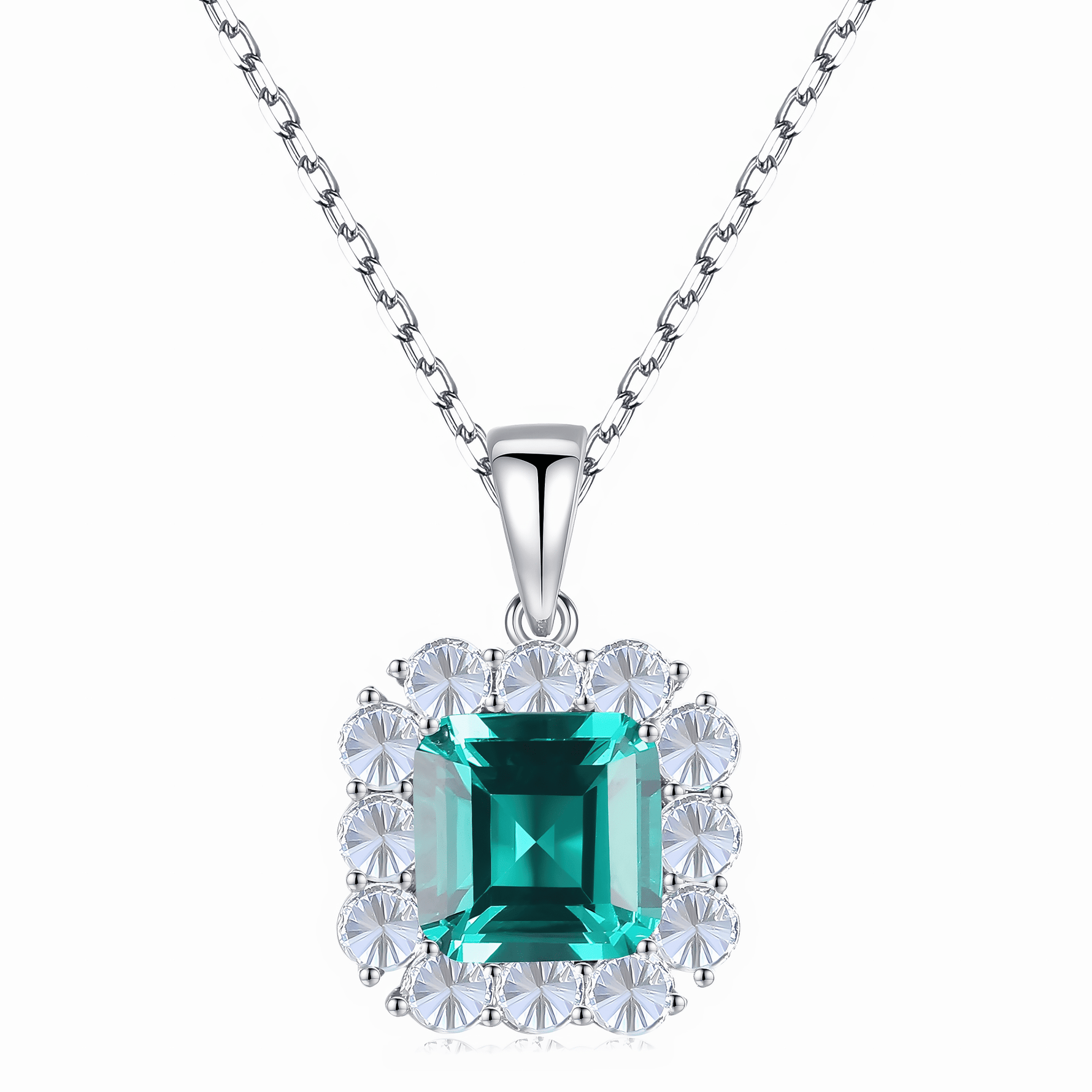 Elegant Emerald - Cut Green CZ Halo Pendant Necklace in Sterling Silver - NAFALUXE