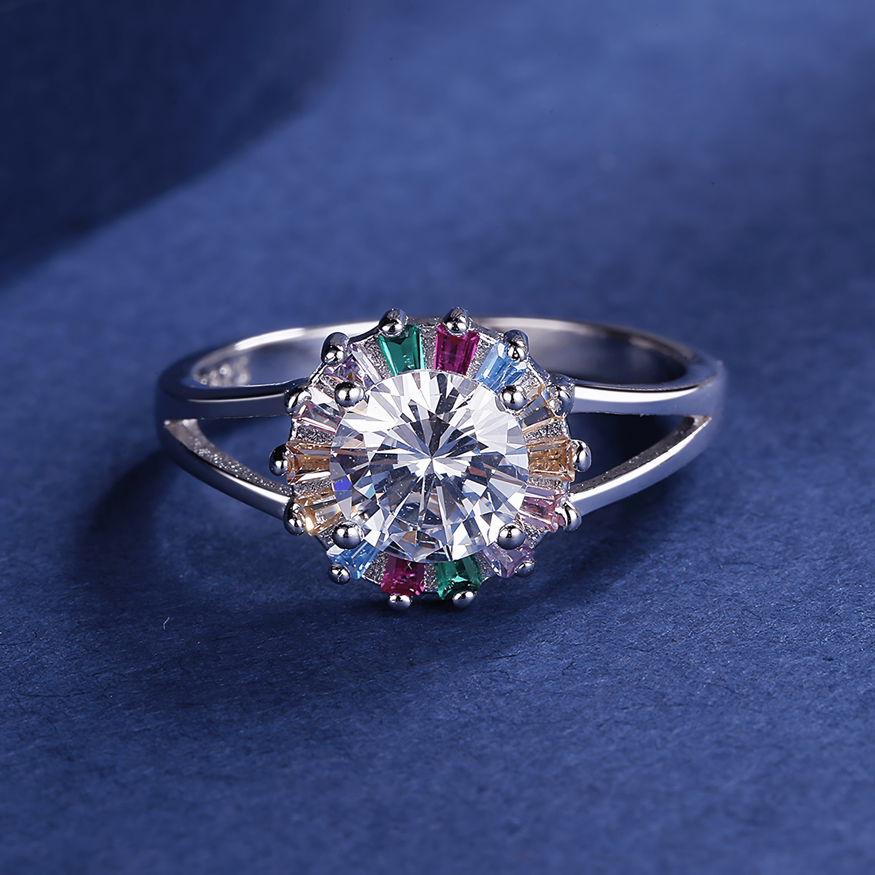 Elegant Multicolor Halo Ring in Silver - NAFALUXE