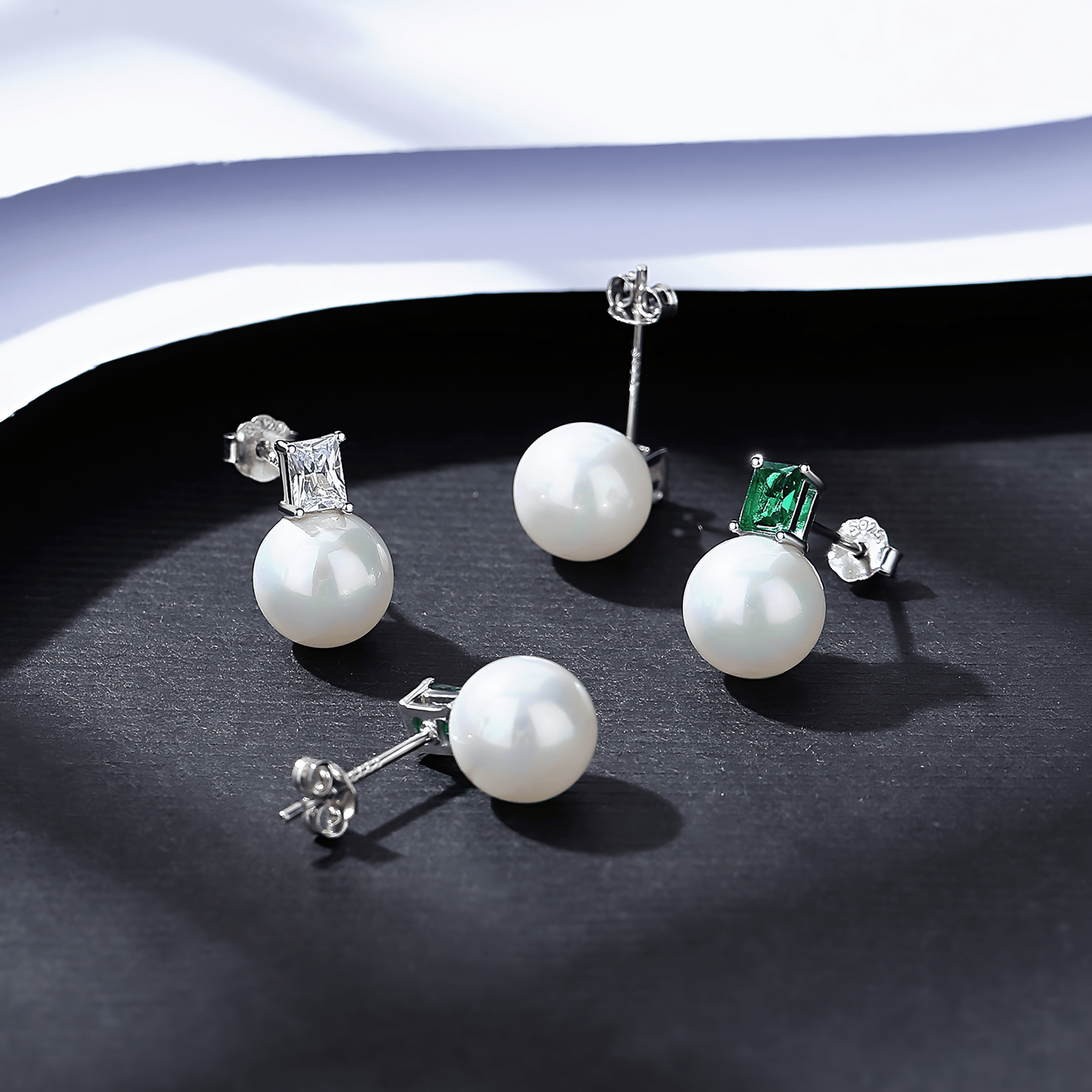 Elegant Pearl & Emerald - Cut CZ Stud Earrings in Sterling Silver - NAFALUXE