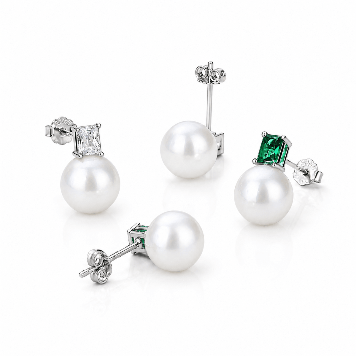 Elegant Pearl & Emerald-Cut CZ Stud Earrings in Sterling Silver - NAFALUXE