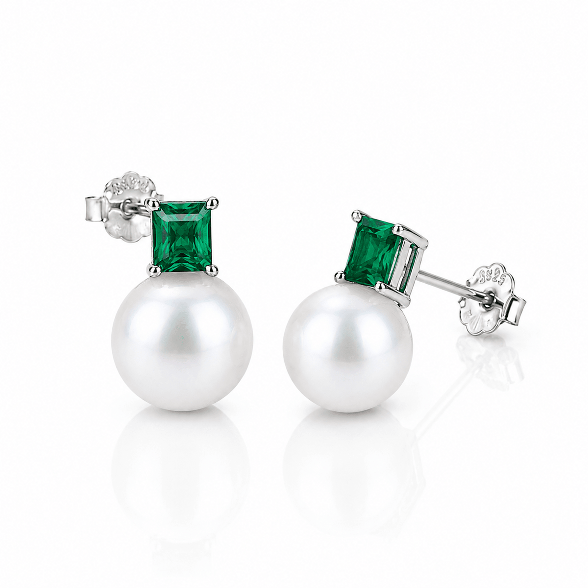 Elegant Pearl & Emerald-Cut CZ Stud Earrings in Sterling Silver - NAFALUXE