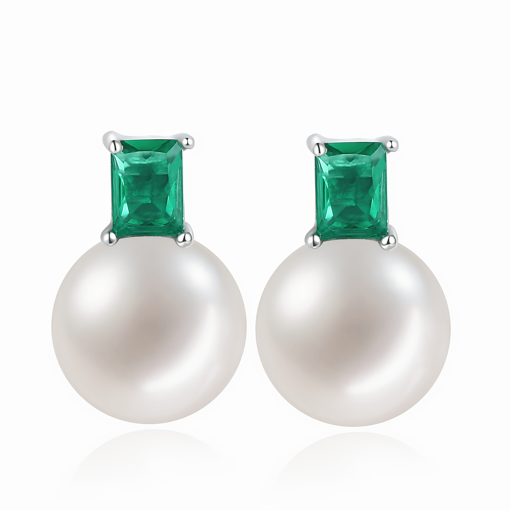 Elegant Pearl & Emerald - Cut CZ Stud Earrings in Sterling Silver - NAFALUXE