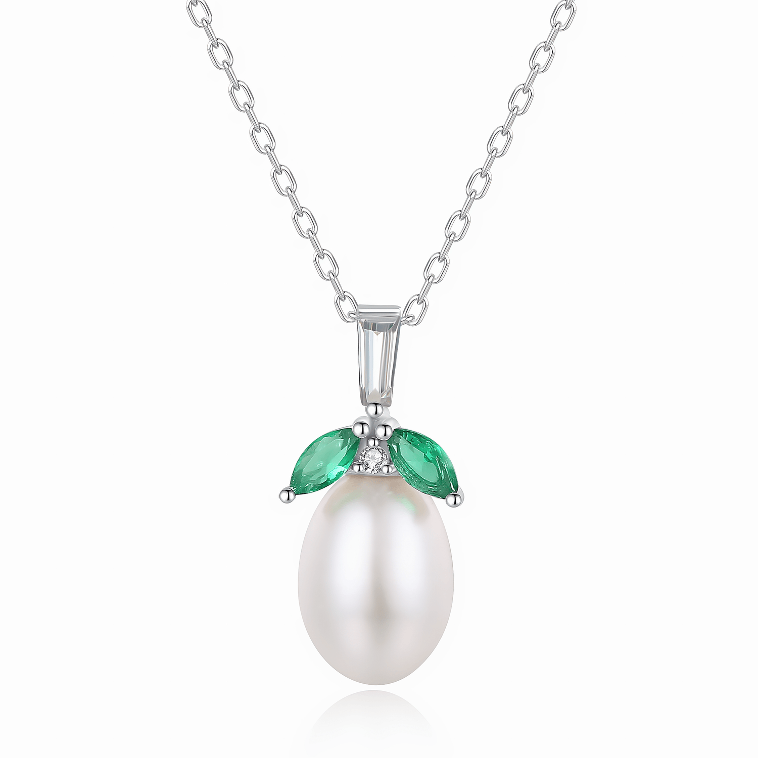 Elegante collana con pendente a perla e zirconi marquis verdi in argento sterling - NAFALUXE