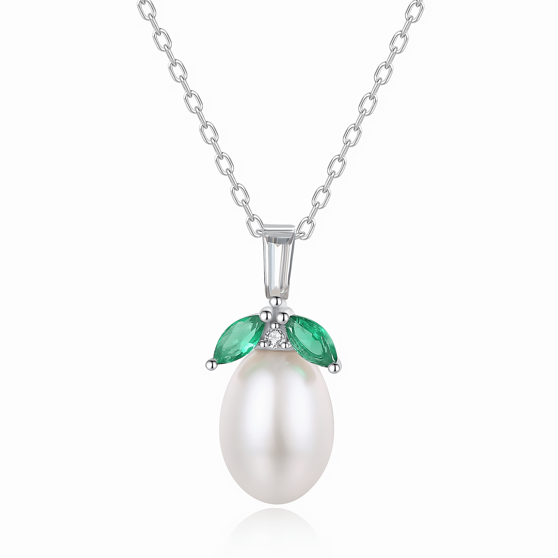 Elegant Pearl Pendant Necklace with Green Marquise CZ in Sterling Silver - NAFALUXE