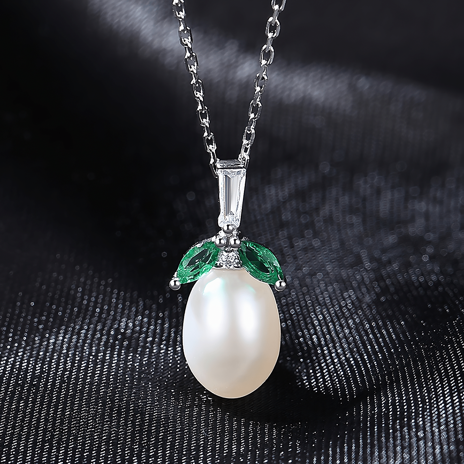 Elegant Pearl Pendant Necklace with Green Marquise CZ in Sterling Silver - NAFALUXE