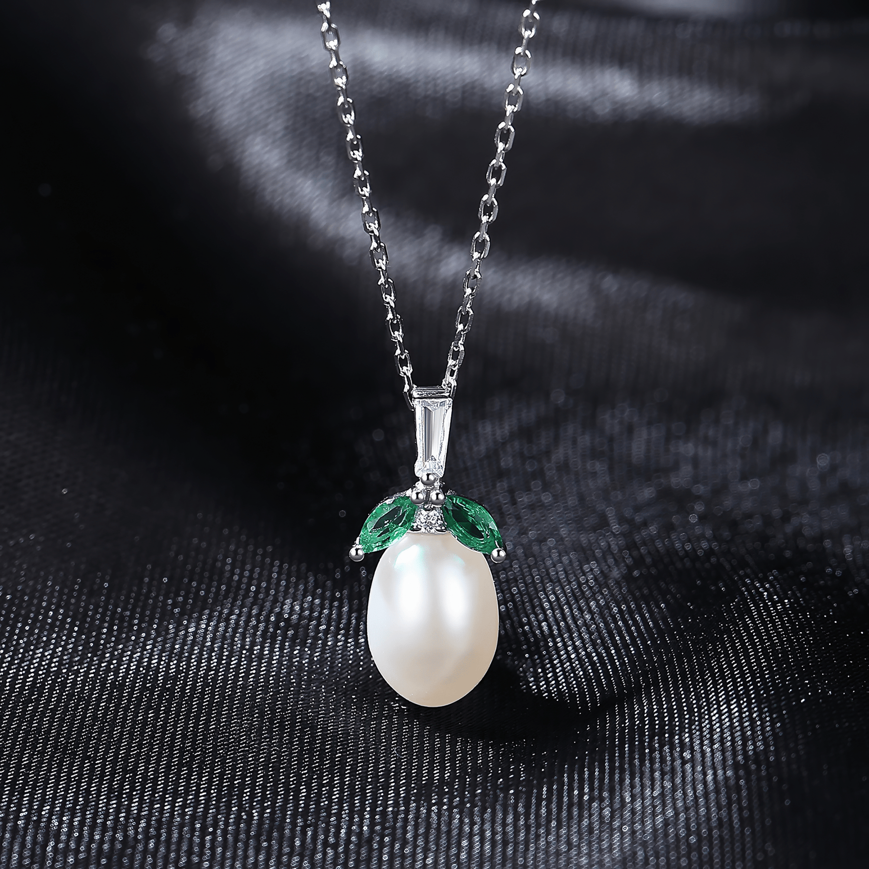 Elegant Pearl Pendant Necklace with Green Marquise CZ in Sterling Silver - NAFALUXE
