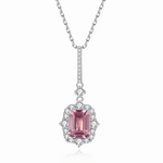 Elegant Pink Emerald - Cut CZ Halo Pendant Necklace in Sterling Silver - NAFALUXE