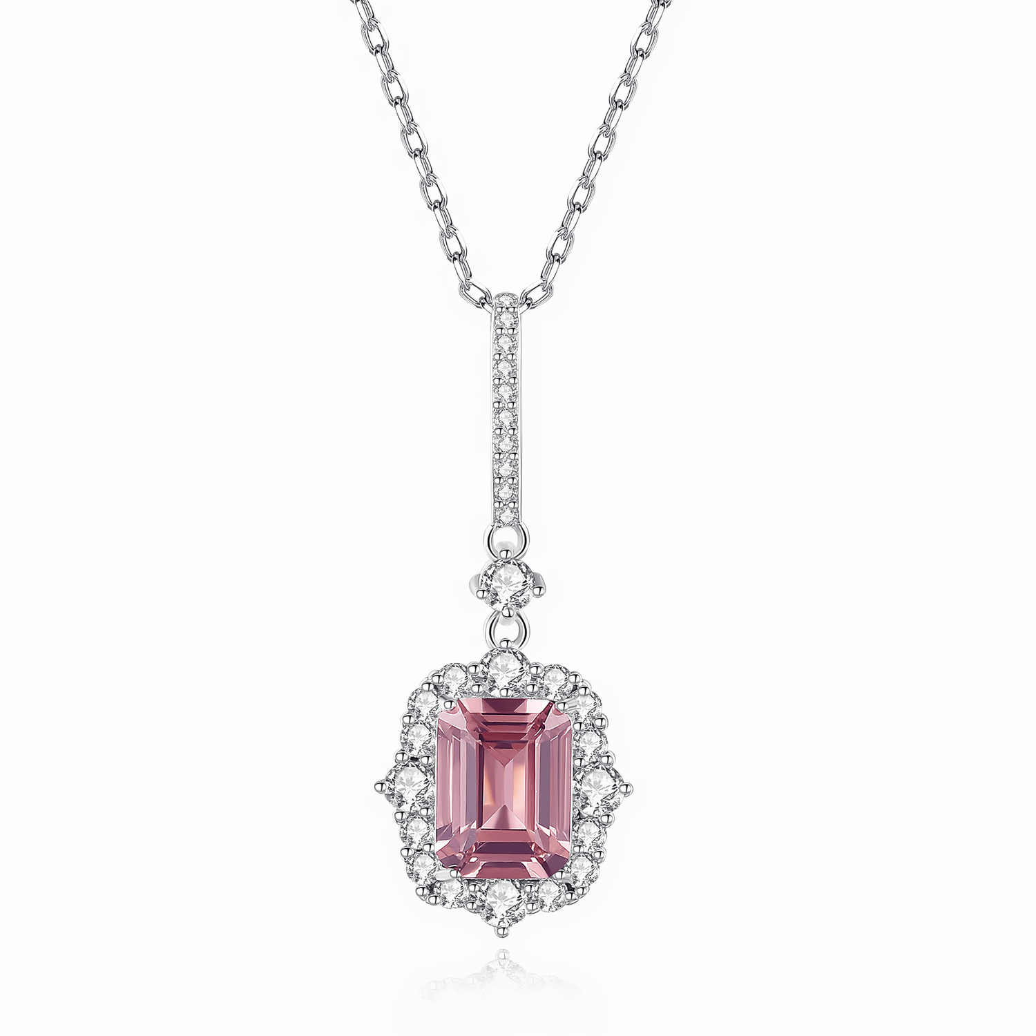 Elegante collana con pendente in argento sterling con smeraldo rosa e zirconi taglio halo - NAFALUXE