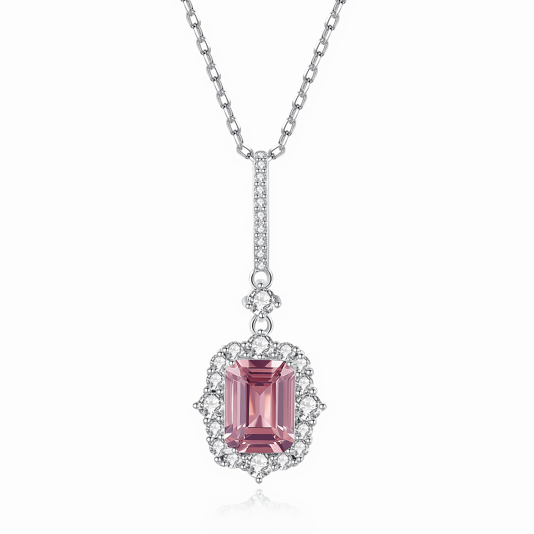 Elegant Pink Emerald - Cut CZ Halo Pendant Necklace in Sterling Silver - NAFALUXE