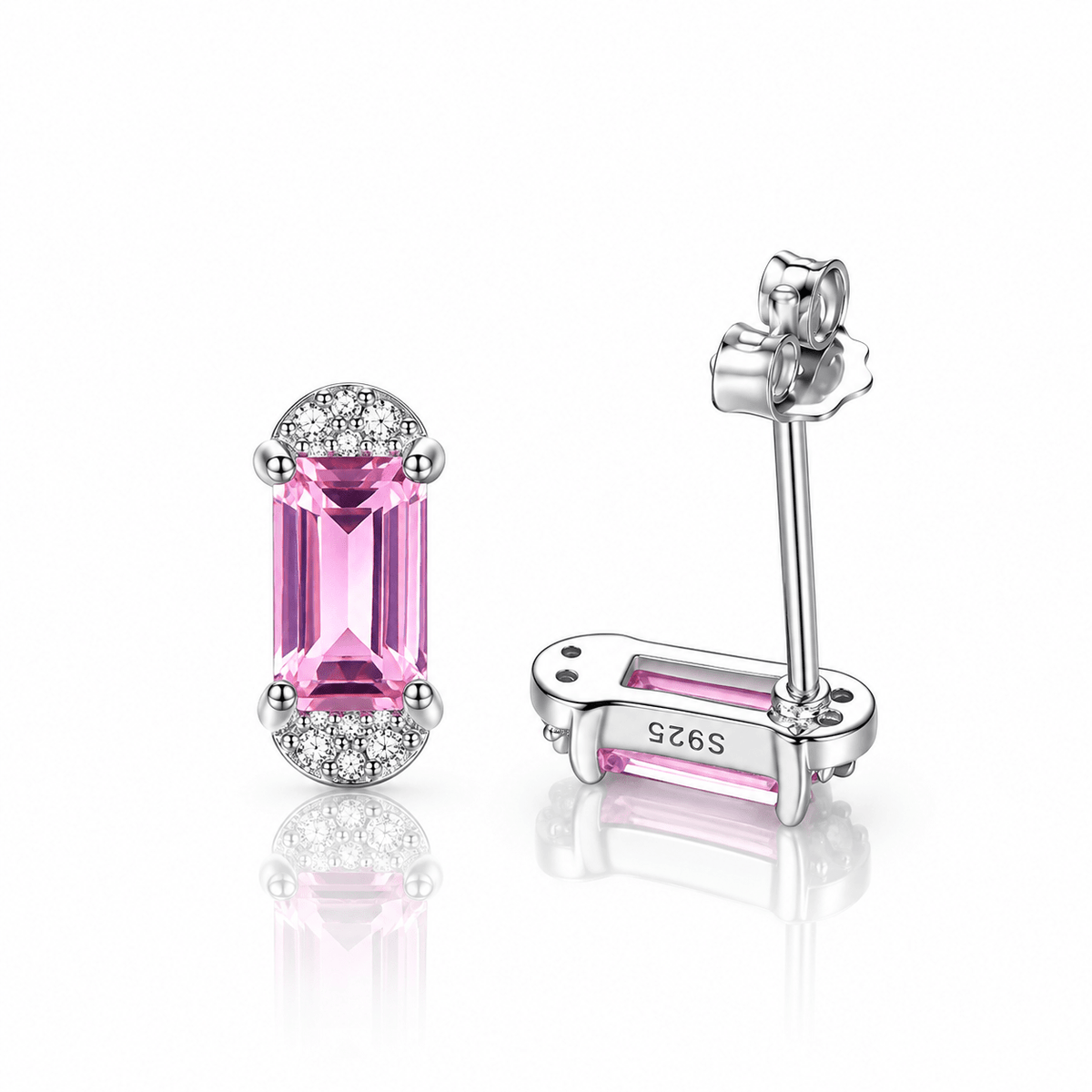 Elegant Pink Emerald-Cut CZ Stud Earrings in 925 Sterling Silver - NAFALUXE