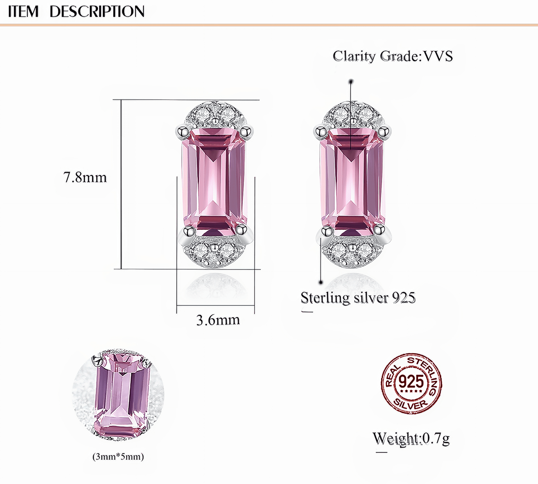 Boucles d'oreilles élégantes en argent sterling 925 avec pierres CZ taille émeraude rose - NAFALUXE