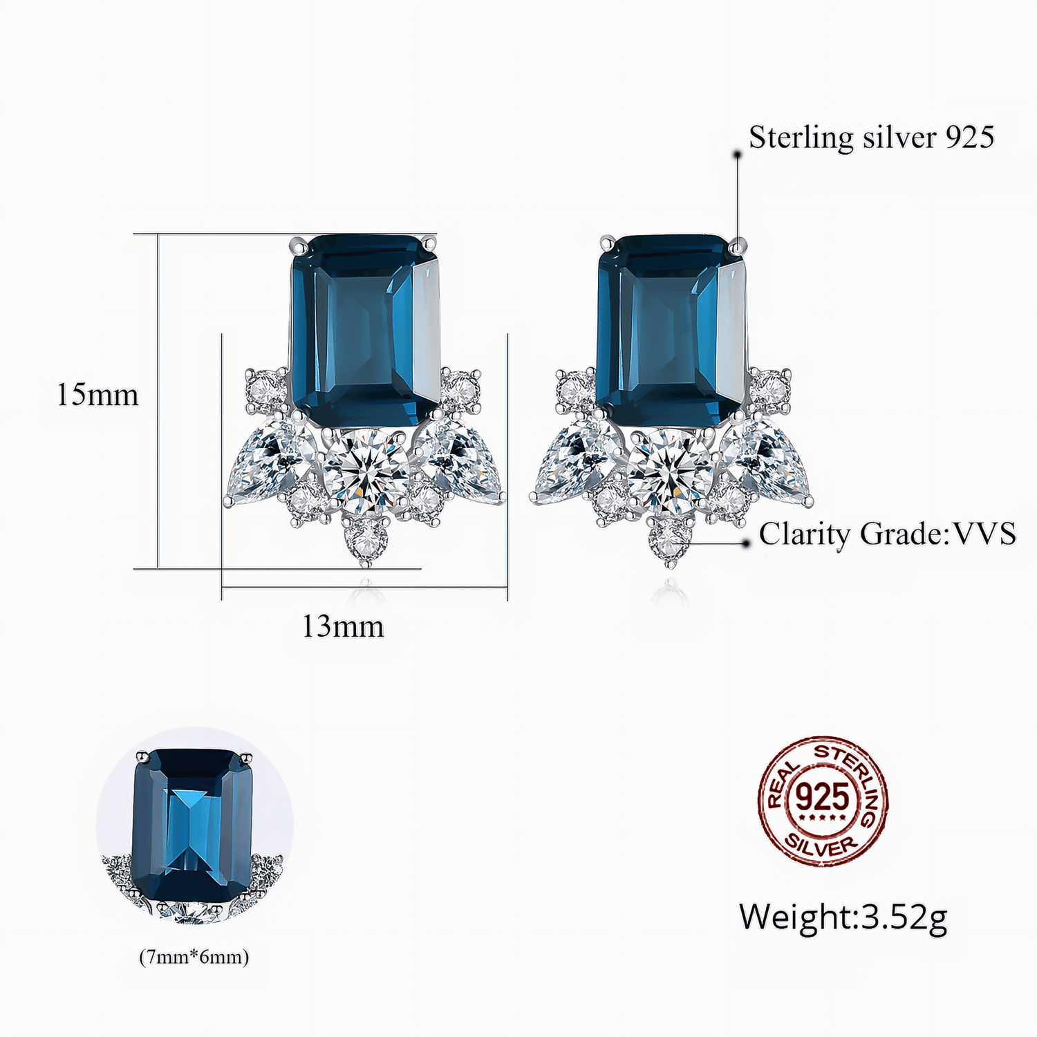 Boucles d'oreilles élégantes en argent sterling avec pierres CZ bleu saphir - NAFALUXE