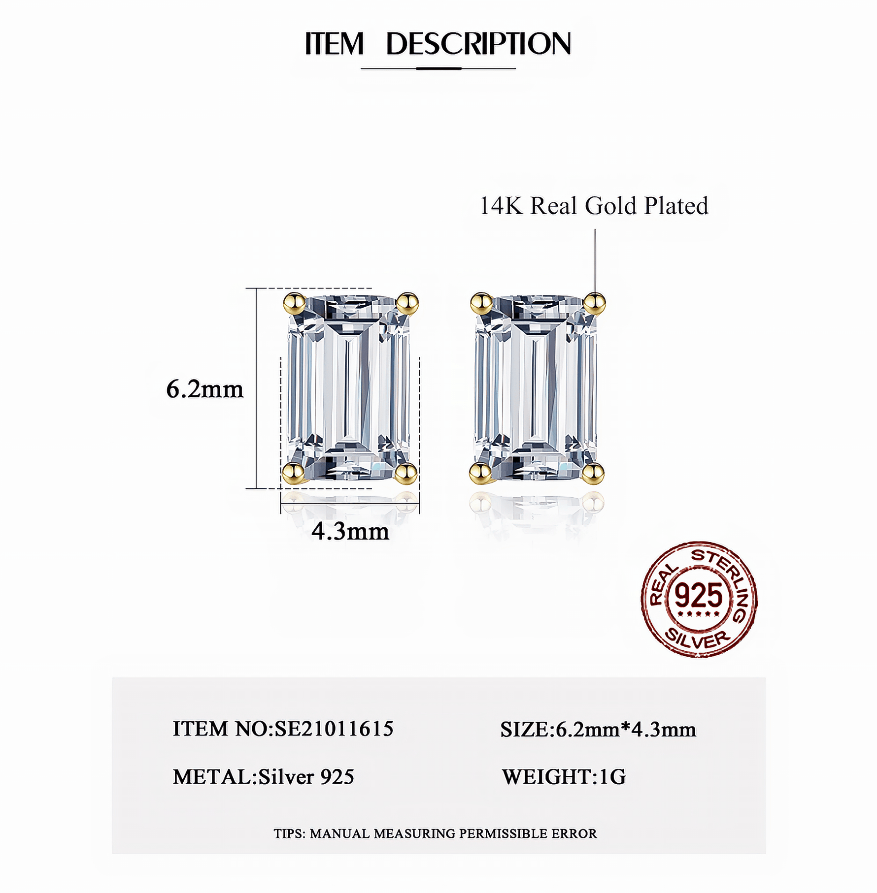 Orecchini a bottone con zirconi taglio smeraldo in argento sterling con griffe dorate - NAFALUXE