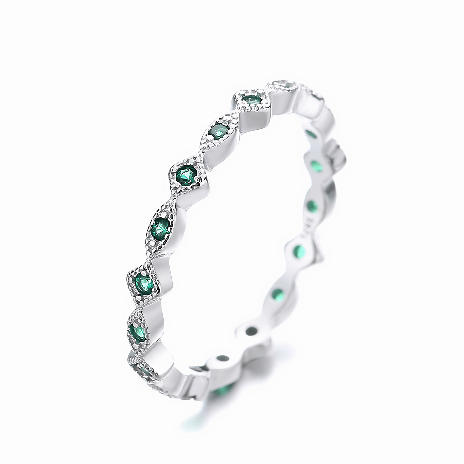 Emerald Vine – Sterling Silver Eternity Band with Marquise Green CZ Accents - NAFALUXE