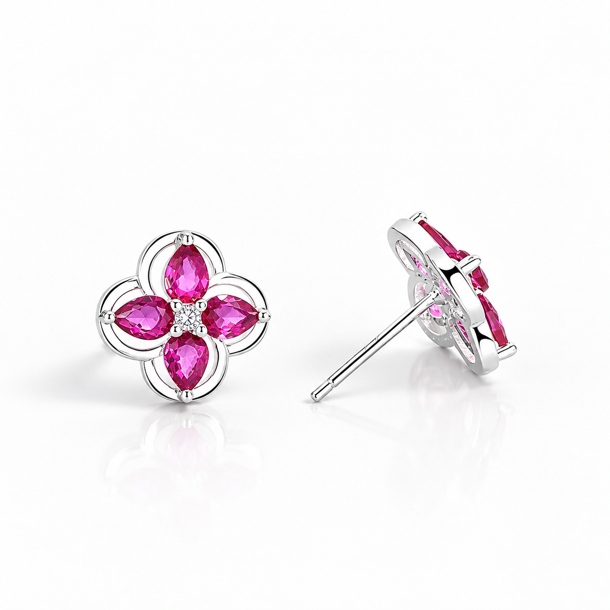 Floral Stud Earrings with Pink Teardrop AAA Cubic Zirconia