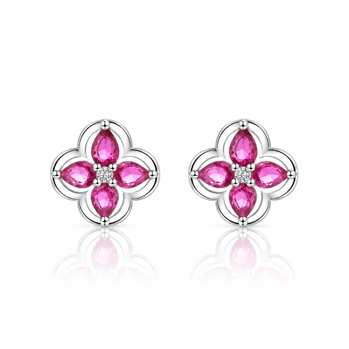 Floral Stud Earrings with Pink Teardrop AAA Cubic Zirconia