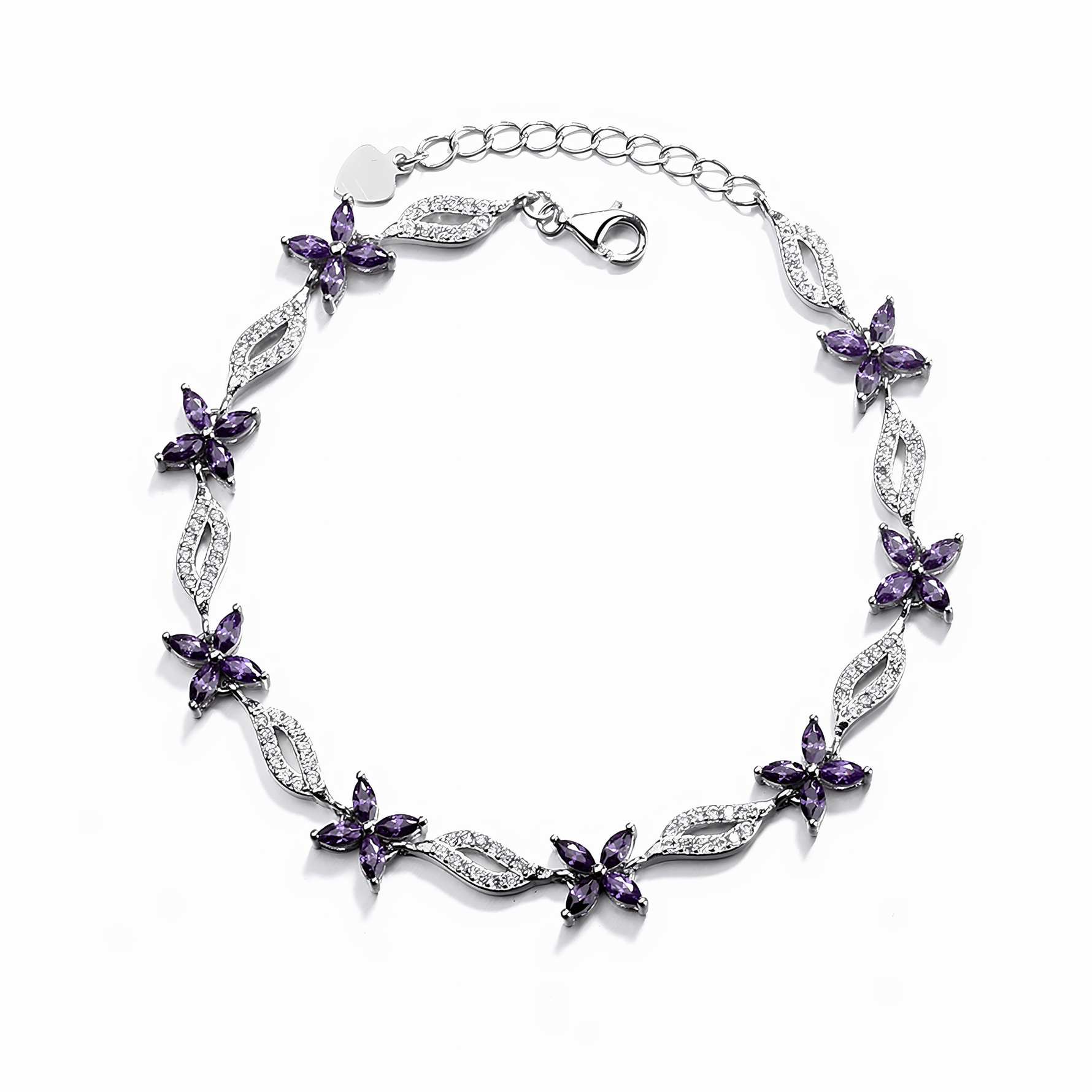 Floral Bracelet with Purple Marquise Zirconia and Crystal Leaf Accents - NAFALUXE