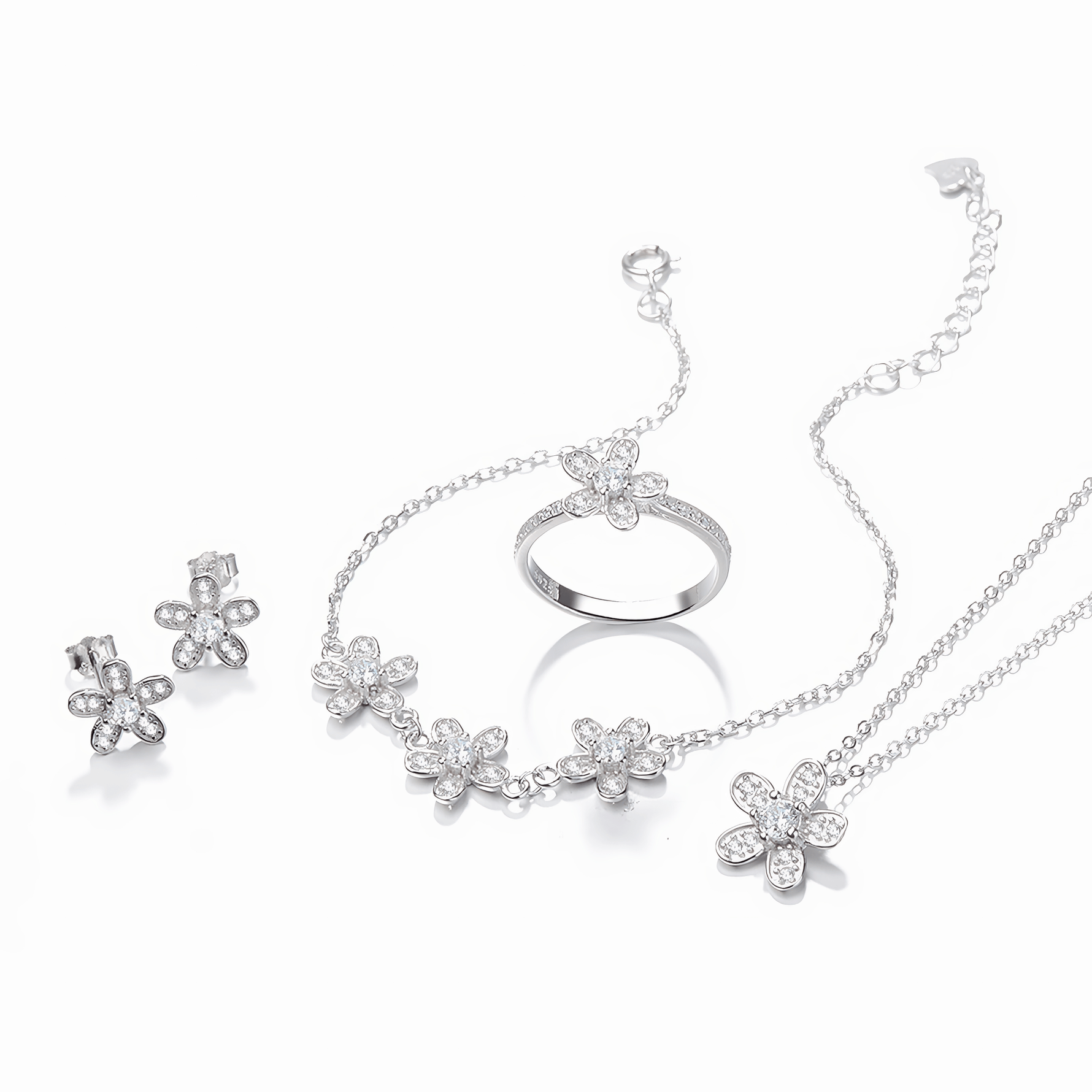 Floral Jewelry Set – Necklace Bracelet Ring and Earrings with Sparkling Zirconia - NAFALUXE