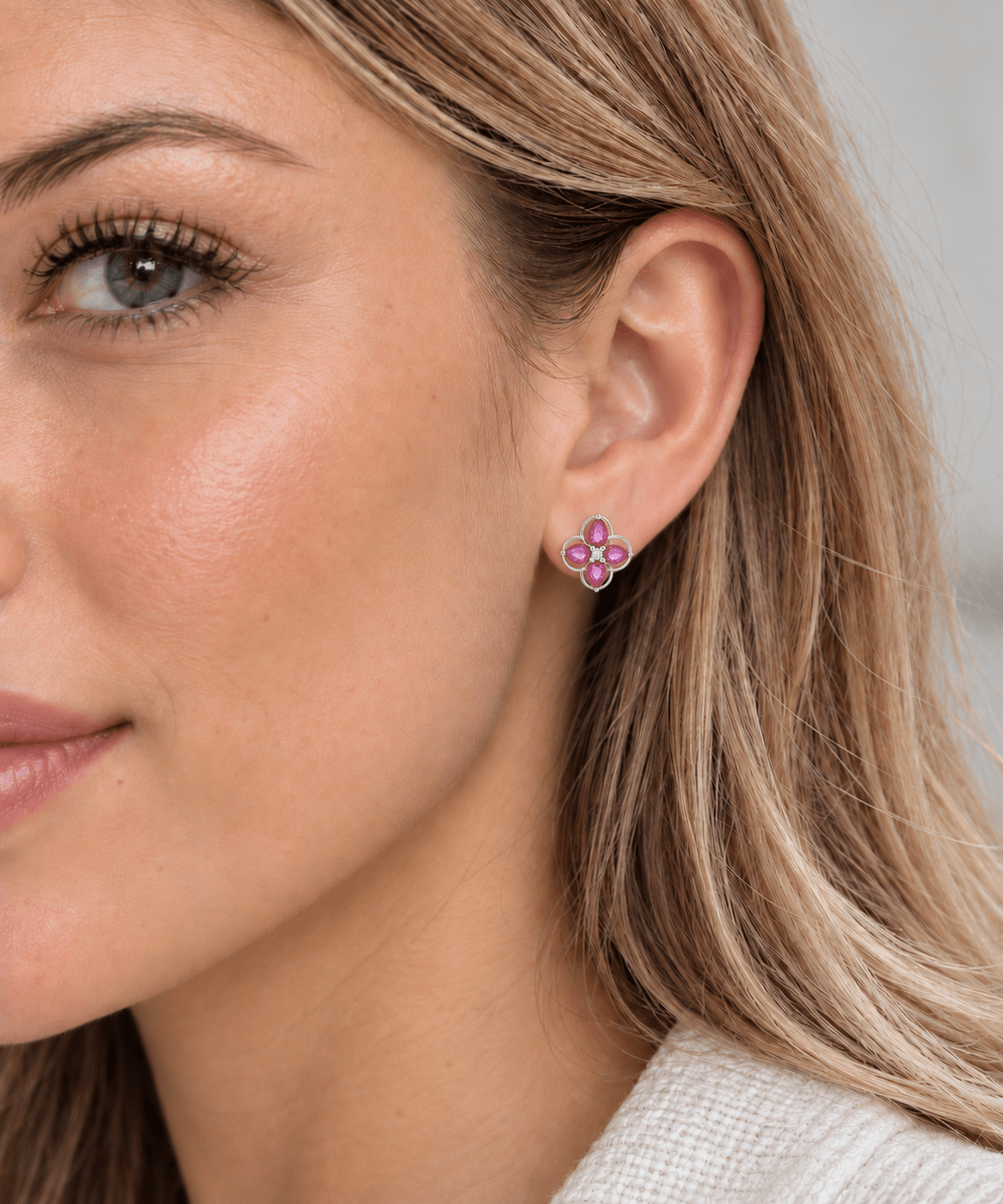 Floral Stud Earrings with Pink Teardrop AAA Cubic Zirconia - NAFALUXE