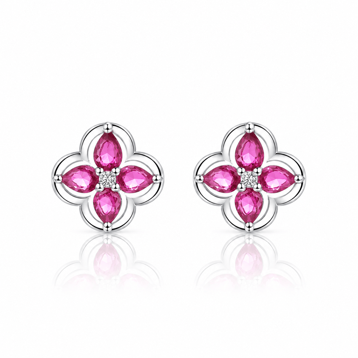 Floral Stud Earrings with Pink Teardrop AAA Cubic Zirconia - NAFALUXE