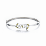 Floral Vine Bangle Bracelet with Green Leaf Stones Sterling Silver 925 - NAFALUXE
