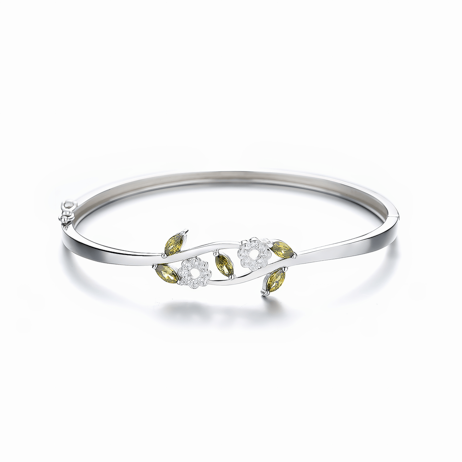 Floral Vine Bangle Bracelet with Green Leaf Stones Sterling Silver 925 - NAFALUXE