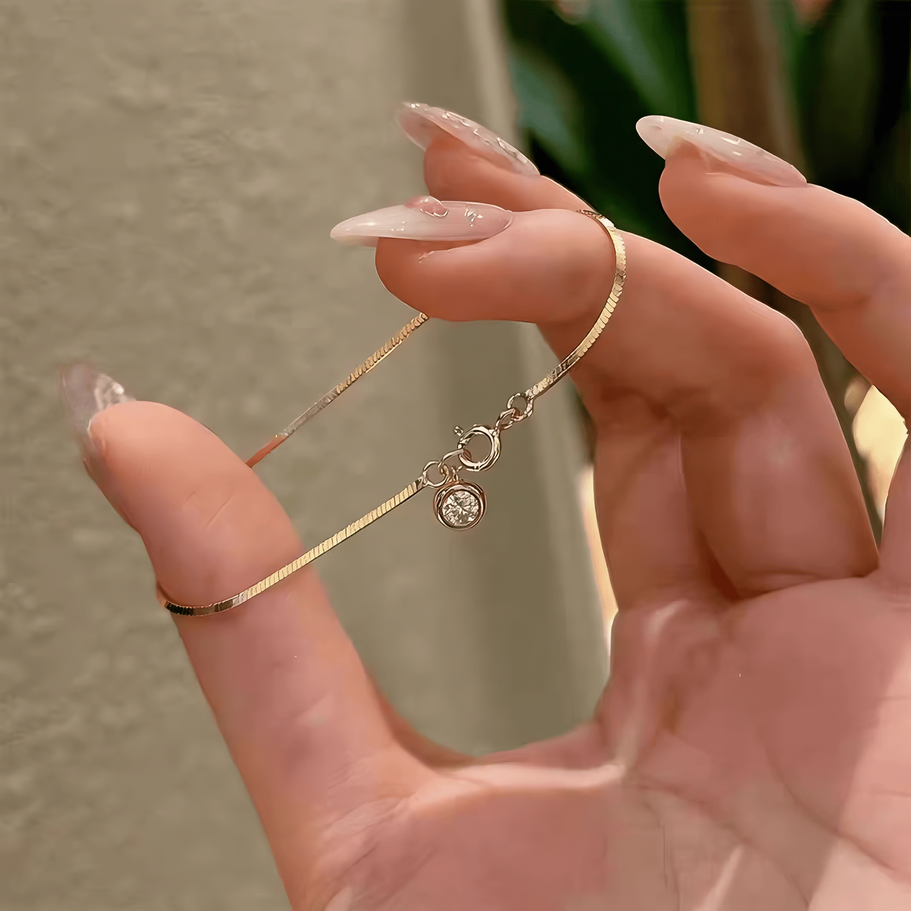 Gold - Plated Flat Snake Chain with Zircon Pendant - NAFALUXE