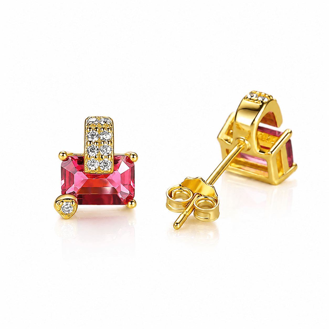 Gold-Plated Pink Emerald-Cut CZ Stud Earrings in Sterling Silver - NAFALUXE