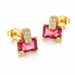 Gold-Plated Pink Emerald-Cut CZ Stud Earrings in Sterling Silver - NAFALUXE