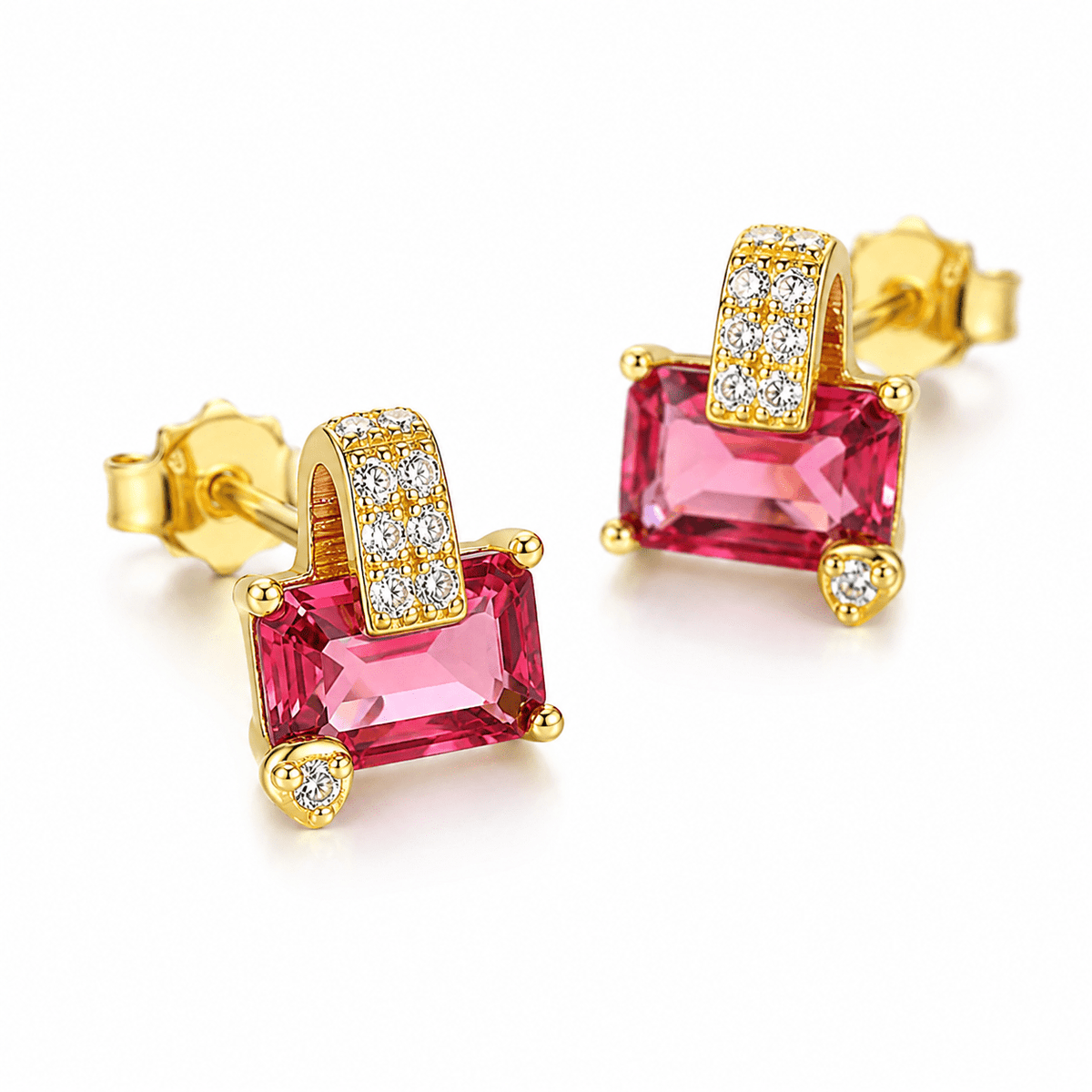 Gold-Plated Pink Emerald-Cut CZ Stud Earrings in Sterling Silver - NAFALUXE